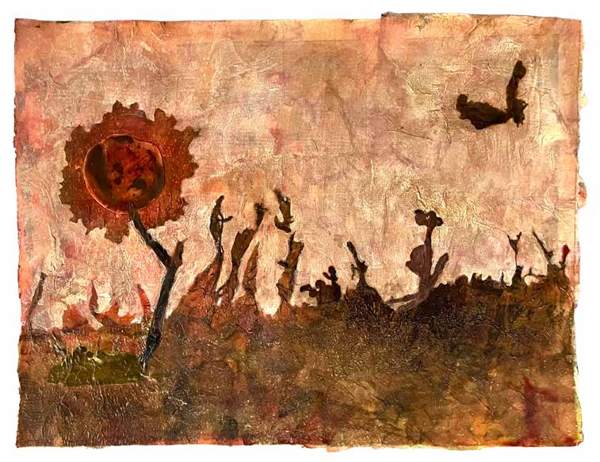 Liseron — « La fleur, l’oiseau et le tout petit chien », 40,5x30,5 cm